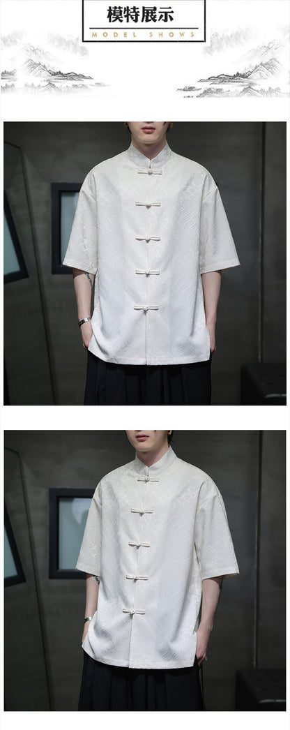 New Chinese Style Tang Shirt — Men’s Short-Sleeve Retro Button-Up Top