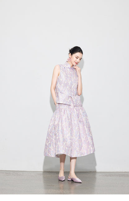 Brocade Jacquard Heavy Craft Puff Skirt & Vest Set for Autumn