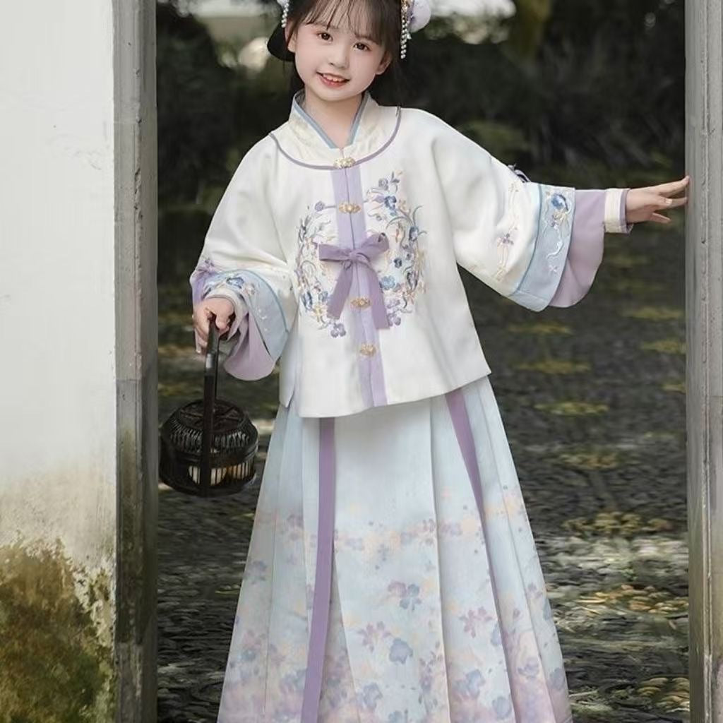 Girls’ Spring Autumn Hanfu | Ancient Style Ming Dynasty Horse Face Dress Set