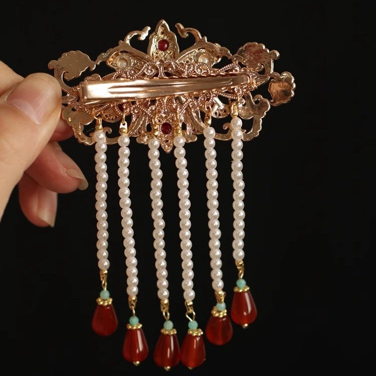 Original Hanfu Hairpin Retro Song Ming Style Enamel Duckbill Clip Red Bridal