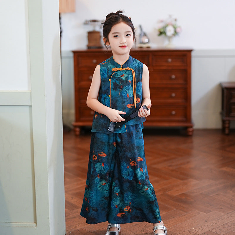 Children’s Summer Hanfu — Floral Top & Comfortable Wide-Leg Pants