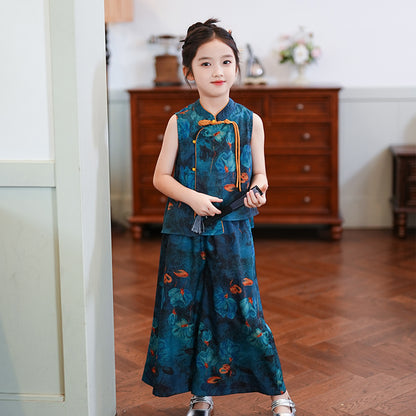 Children’s Summer Hanfu — Floral Top & Comfortable Wide-Leg Pants