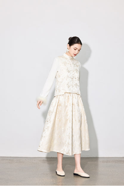 Elegant Jacquard Sleeveless Vest & A-Line Skirt Two-Piece Set