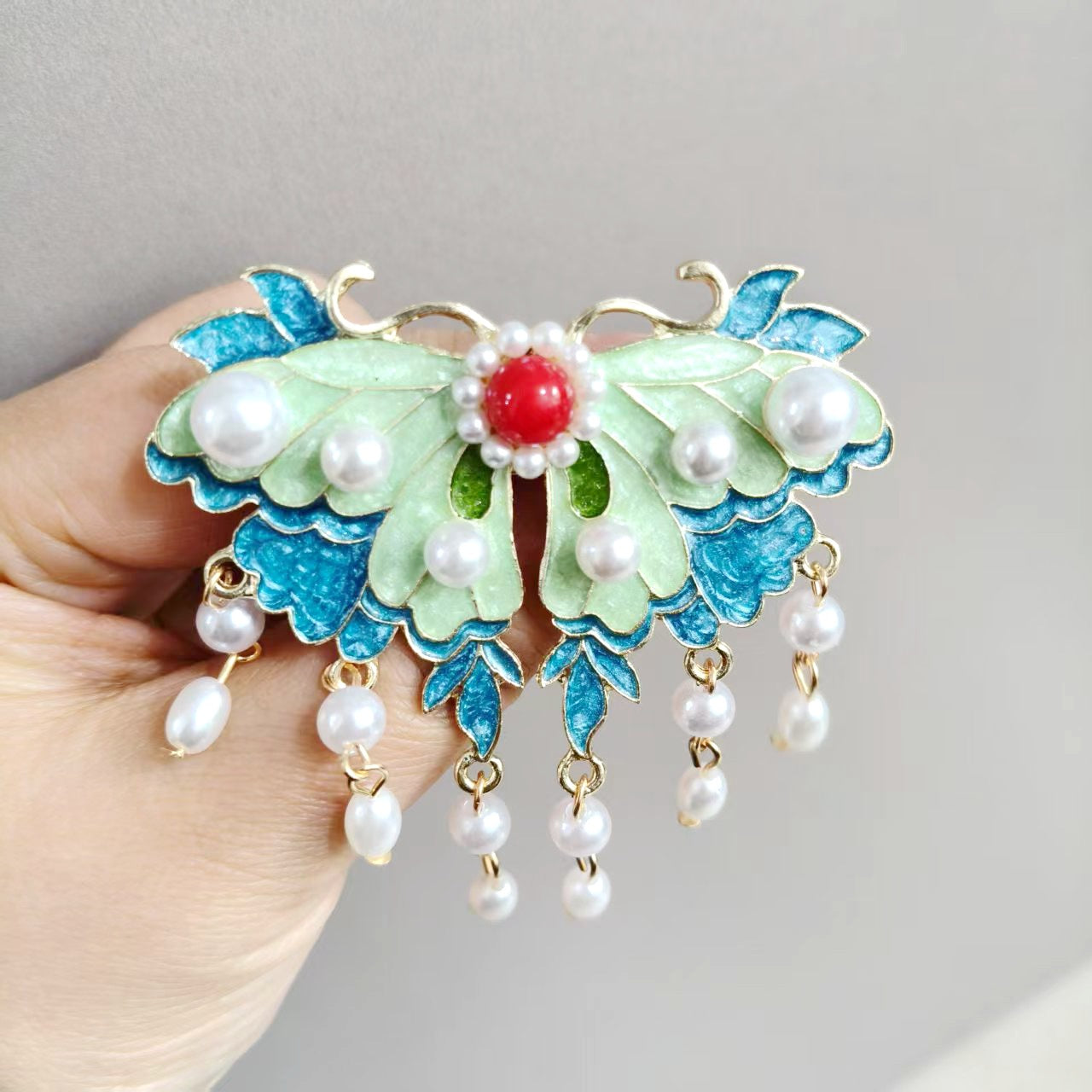 Blue Enamel Hair Clip Chinese Style Pearl Tassel Butterfly Hairpin