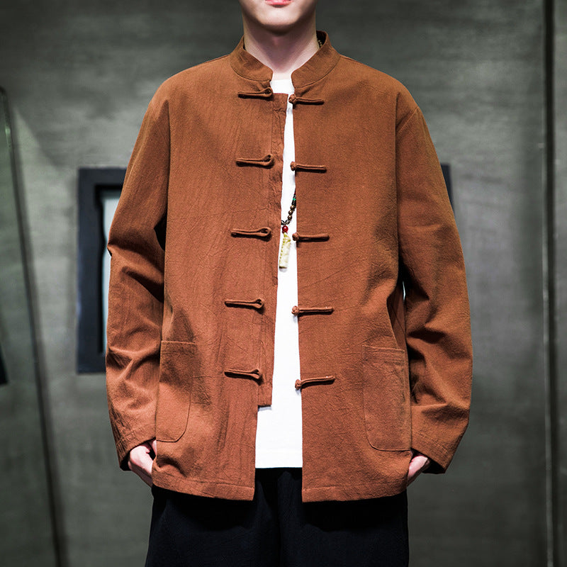 Mens Autumn Chinese Style Hanfu Tang Suit Button Up Cotton Linen Top