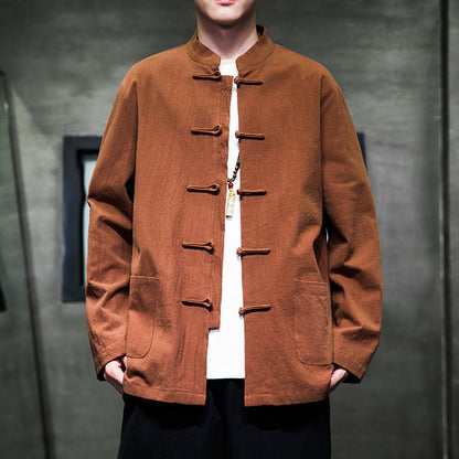 Mens Autumn Chinese Style Hanfu Tang Suit Button Up Cotton Linen Top