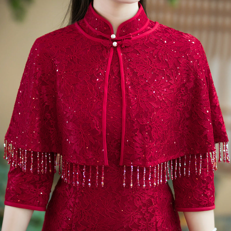 Elegant Red Two-Piece Cheongsam – Autumn Wedding Event Dress