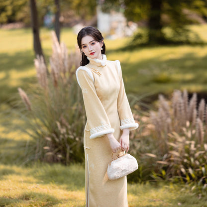 Long Sleeve Crystal Velvet Qipao | Winter Thickened Fleece Lined Dress