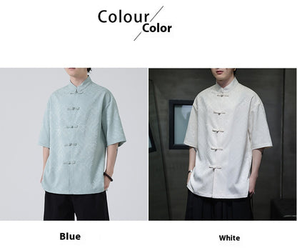New Chinese Style Tang Shirt — Men’s Short-Sleeve Retro Button-Up Top