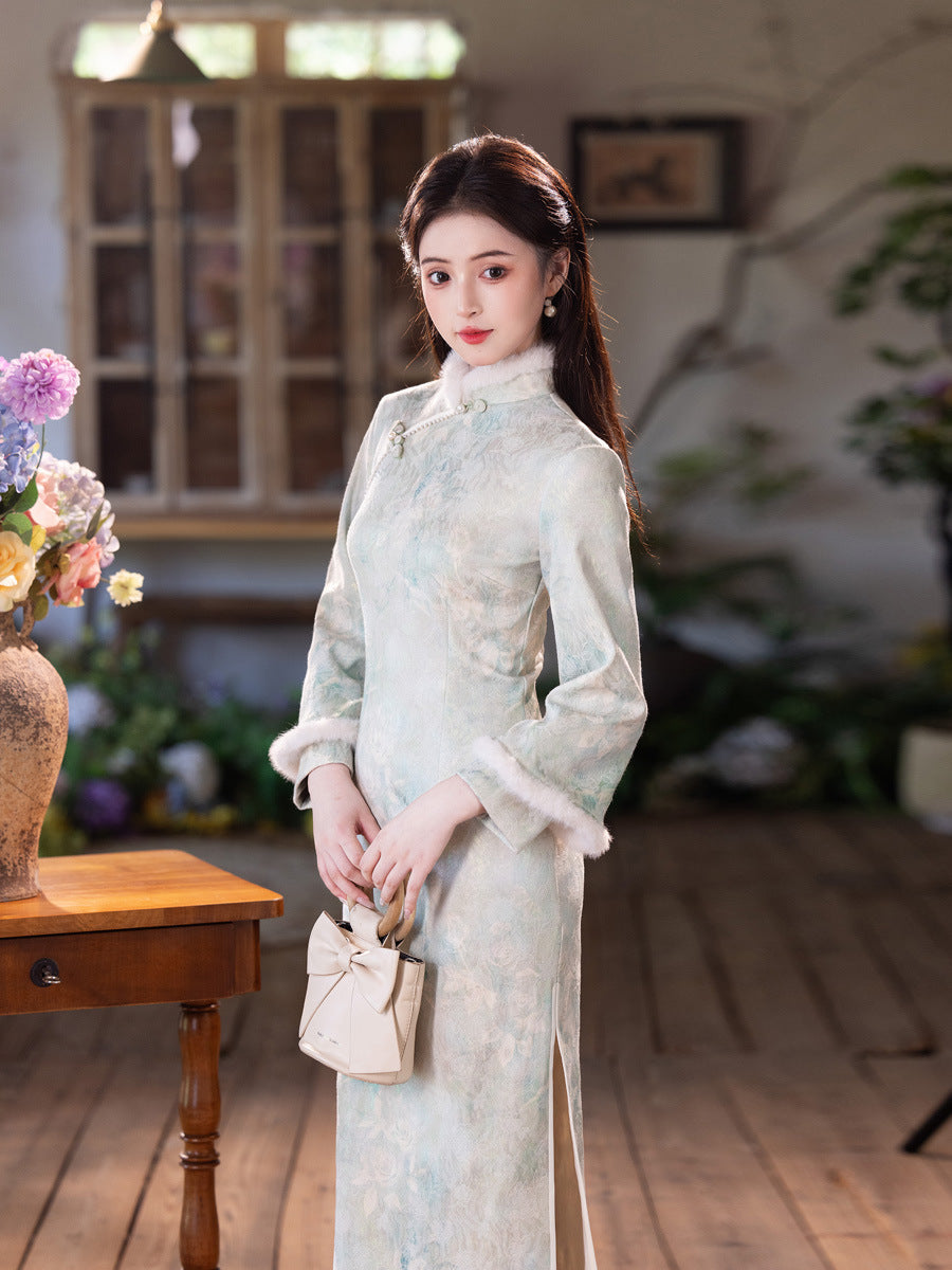 Elegant Satin Beaded Winter Qipao | Fleece-Lined Thickened Long Dress