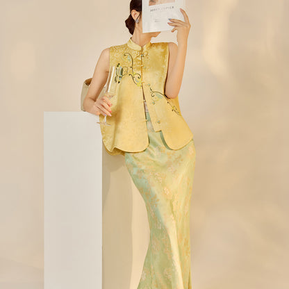 High-End Embroidery Stand Collar Vest & Jacquard Mermaid Skirt