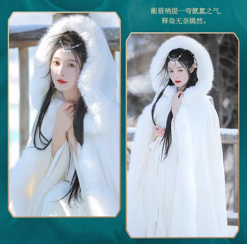 Winter Hanfu Cloak for Women – Thick Fleece Fur Collar Warm Cape