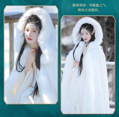 Winter Hanfu Cloak for Women – Thick Fleece Fur Collar Warm Cape