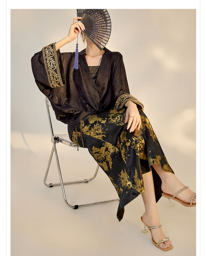 Summer New Chinese Printed Rayon Shirt & Strap Dress Set