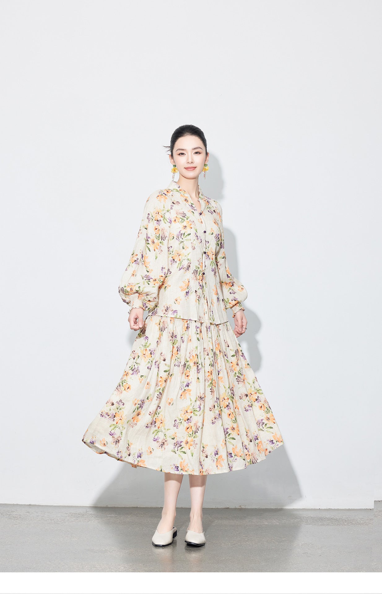 National Style Linen Floral Shirt & Skirt Two-Piece Set