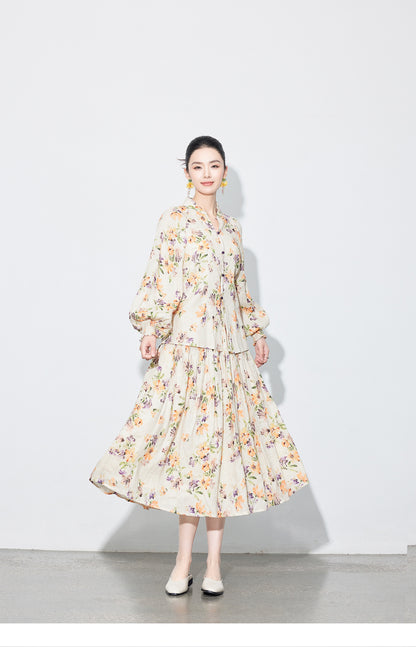 National Style Linen Floral Shirt & Skirt Two-Piece Set