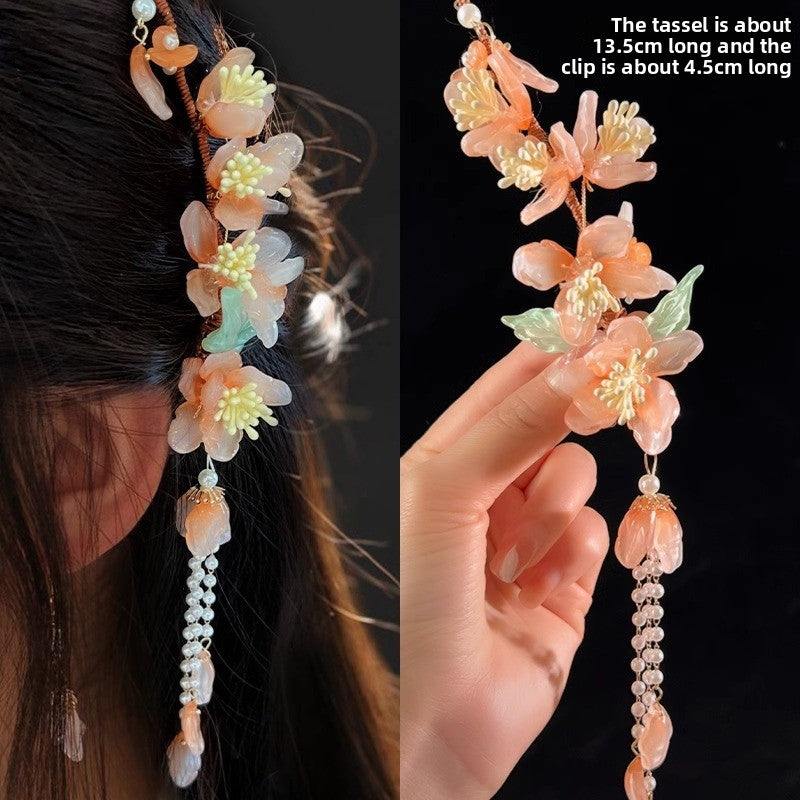 Orchid tassel headdress with side clips and new Chinese flower hairpins