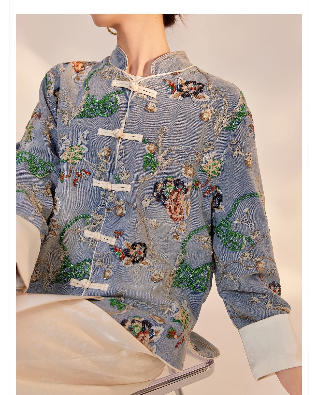 Blue Sequin Embroidered Denim Jacket High-End New Chinese Style