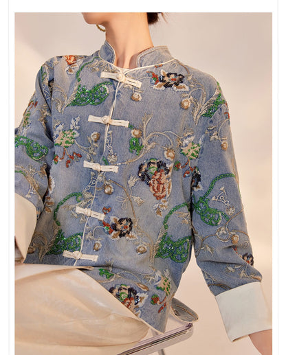 Blue Sequin Embroidered Denim Jacket High-End New Chinese Style