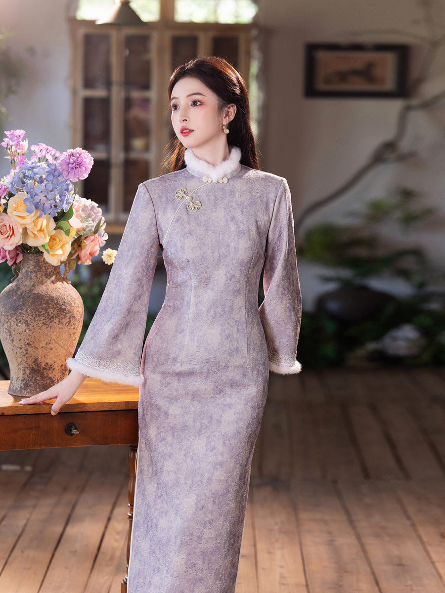 New Chinese Style Purple Qipao | Thickened Warm Retro Winter Dress