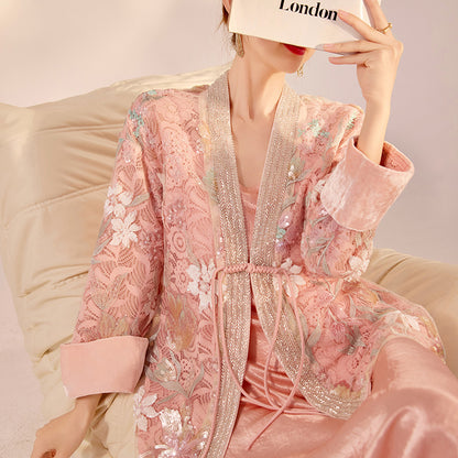 Spring New Chinese Style Velvet Sequin Embroidered Mesh Blouse