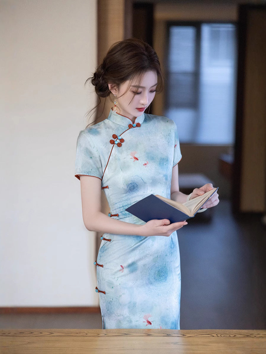 Elegant Blue Cheongsam – Daily Wear 2025 Spring Dress