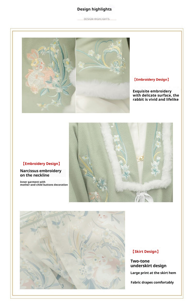 Trees of Sea Women Ming Hanfu Set: Fleece Lined Embroidered Collared Jacket & Horse Face Skirt New Year Outfit