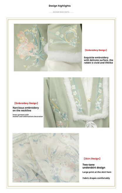 Trees of Sea Women Ming Hanfu Set: Fleece Lined Embroidered Collared Jacket & Horse Face Skirt New Year Outfit