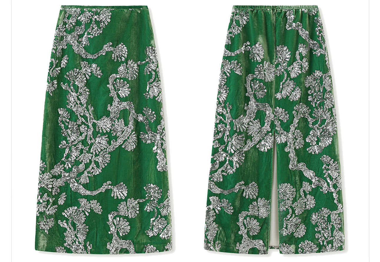 2025 Spring New Chinese Beaded Embroidered Silk Cardigan & Skirt Set