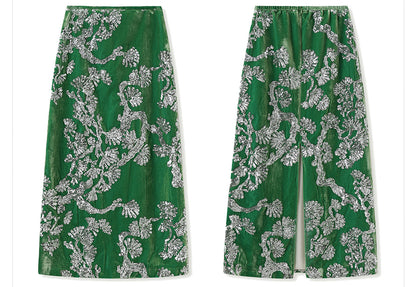 2025 Spring New Chinese Beaded Embroidered Silk Cardigan & Skirt Set