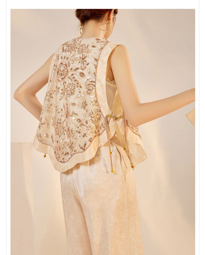 National Style2025Summer New Beaded Embroidery New Chinese Style Sequin Mermaid Skirt Vest Pants Set