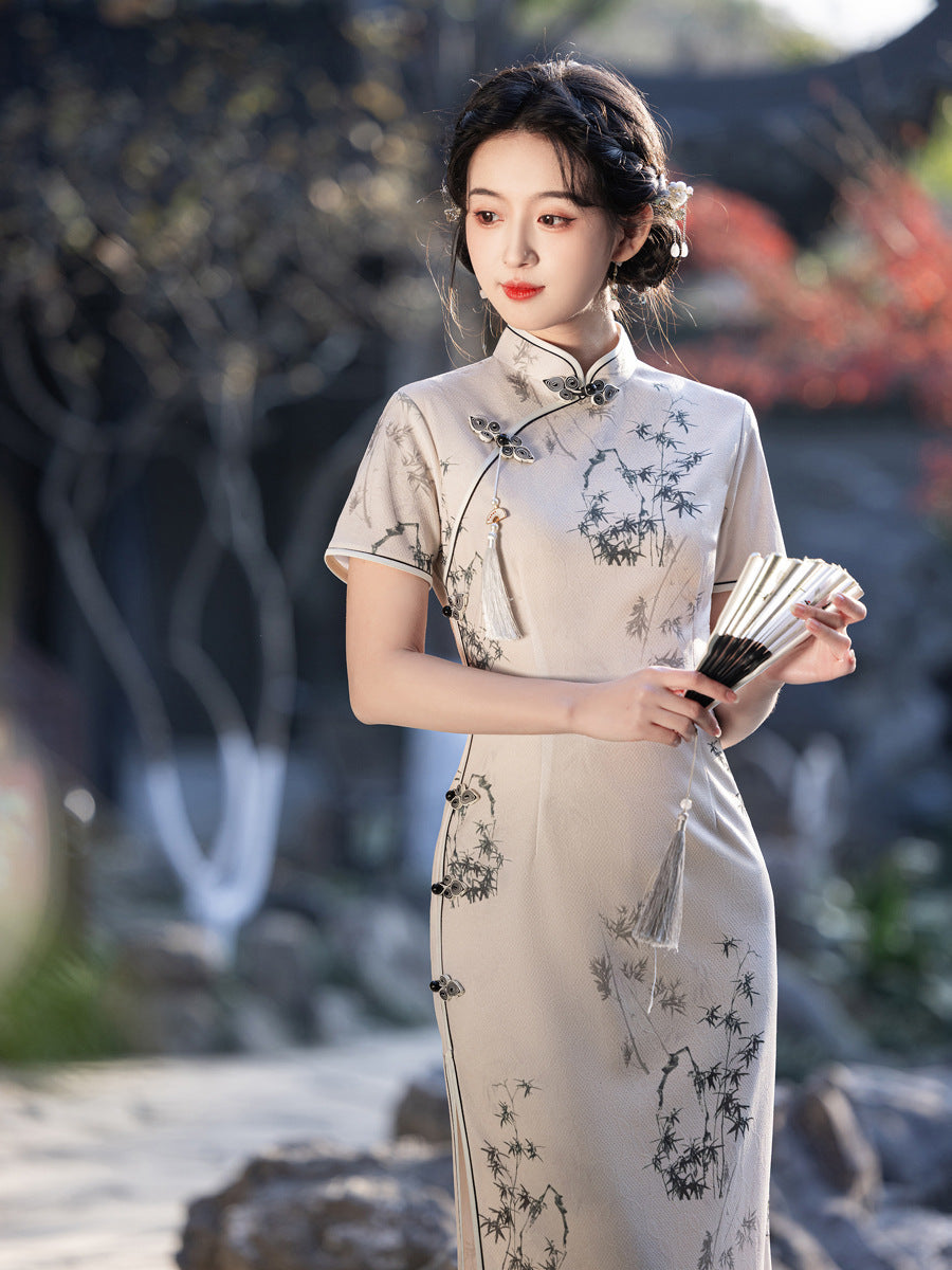 Asymmetrical Long Cheongsam – High-End Elegant Daily Dress