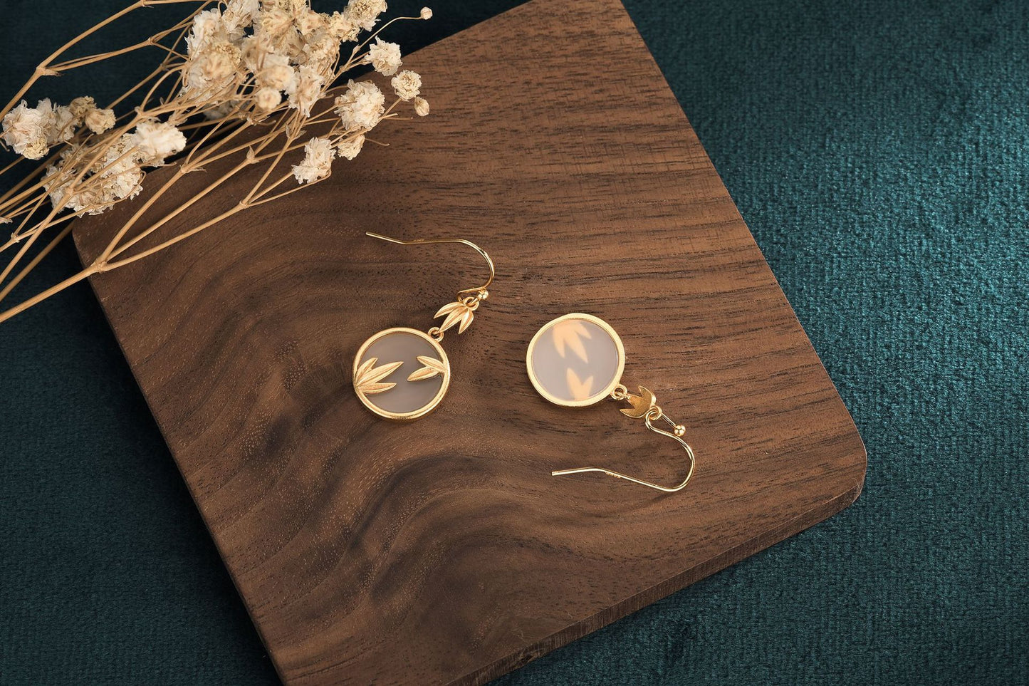 Classical Style Jade Earrings — Copper Plated 24K Gold Bamboo Leaf