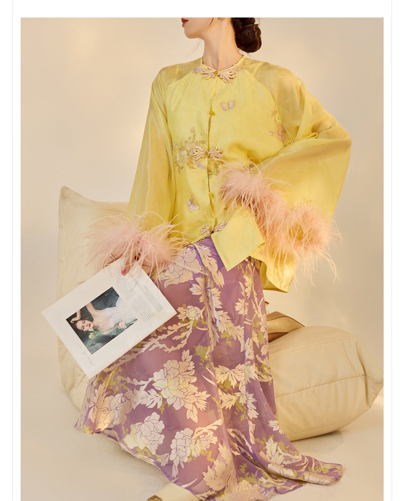 New Chinese Embroidered Feather Sleeve Patchwork Top & Skirt Set