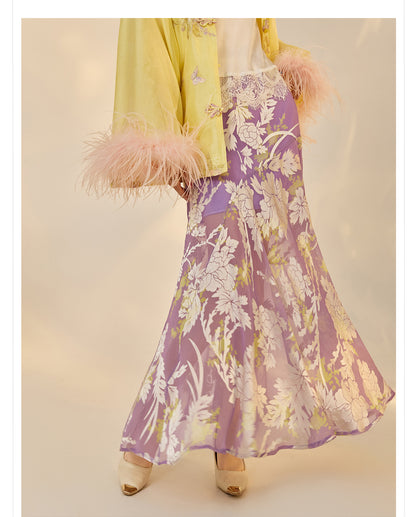 New Chinese Embroidered Feather Sleeve Patchwork Top & Skirt Set