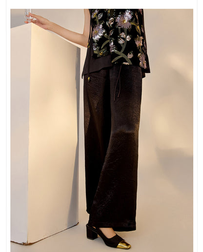 New Chinese Style High-Waist Wide-Leg Acetate Pants for Women