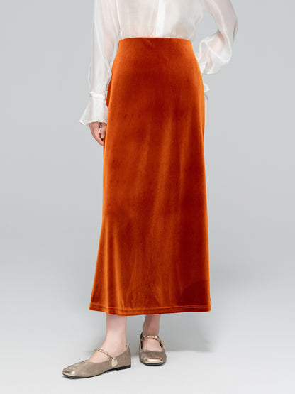 Slimming High-Waist Silk Velvet Midi Skirt for Women