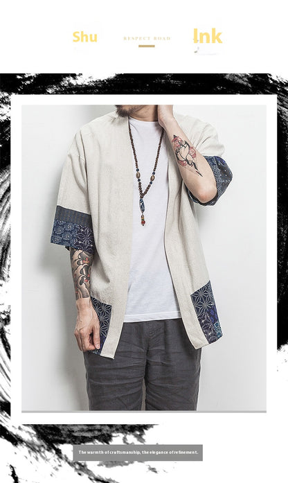 Summer Chinese Hanfu Cardigan Men’s Cotton Linen Patchwork Robe