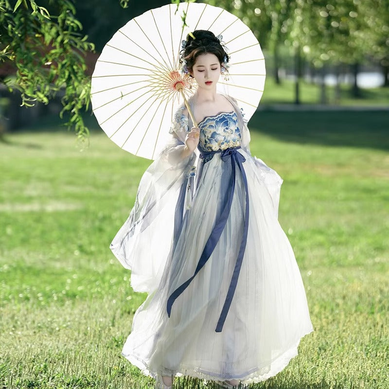 Fairy Hanfu Costume — Hibiscus Embroidered Shirt & Flowing Skirt Outfit