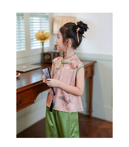 Retro Chinese Style Girls Two-Piece — Summer Cheongsam Top & Skirt