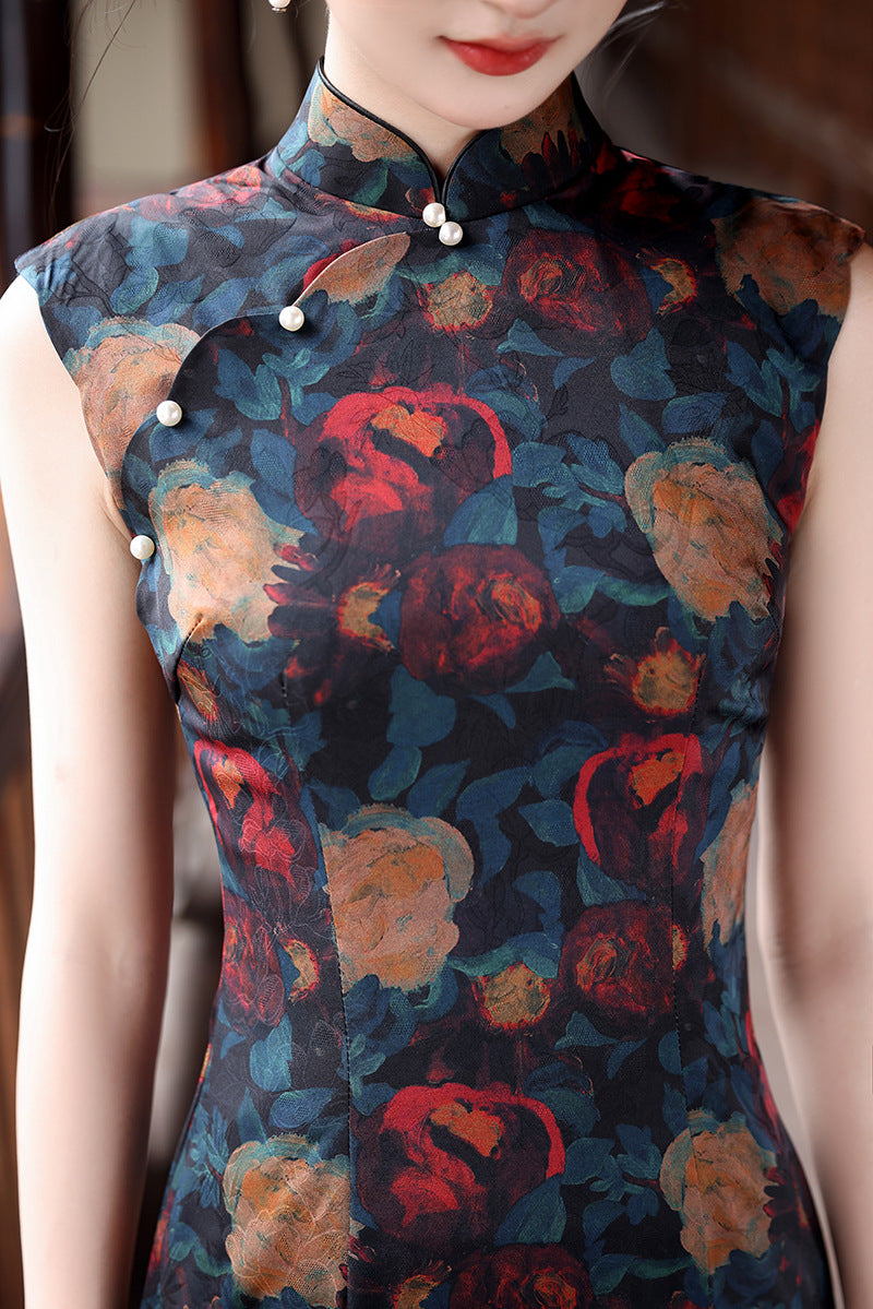 Retro Hong Kong Rose Cheongsam – Sleeveless Youth Dress