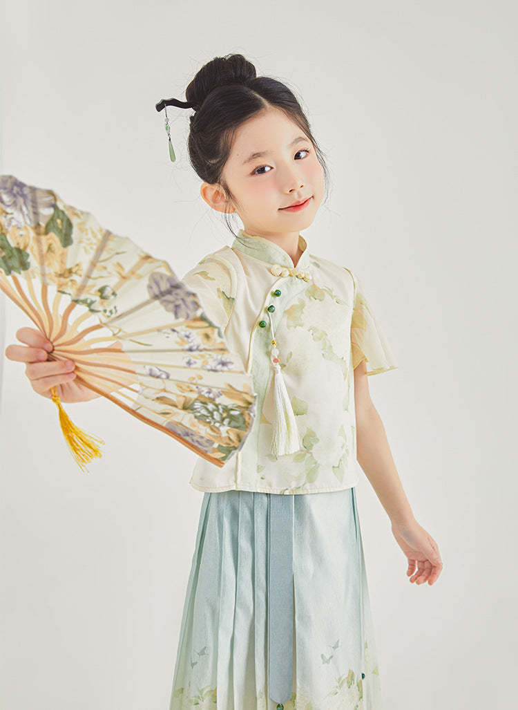 New Chinese Style Girls Outfit — Short Sleeve Shirt & Pleated Skirt