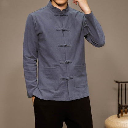 Men’s Chinese Style Cotton Linen Tang Shirt Long Sleeve Casual Retro