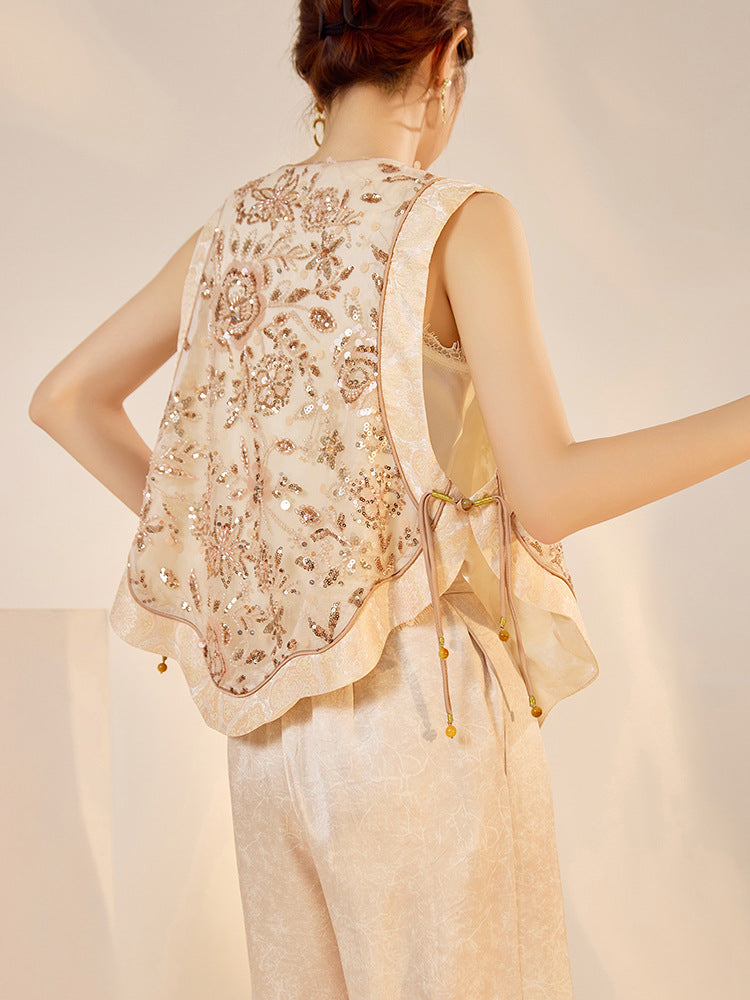 National Style2025Summer New Beaded Embroidery New Chinese Style Sequin Mermaid Skirt Vest Pants Set