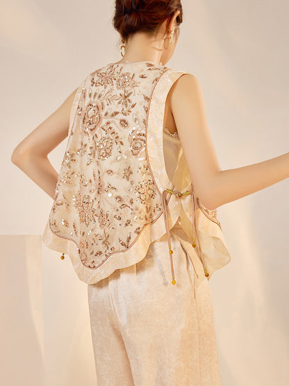 National Style2025Summer New Beaded Embroidery New Chinese Style Sequin Mermaid Skirt Vest Pants Set