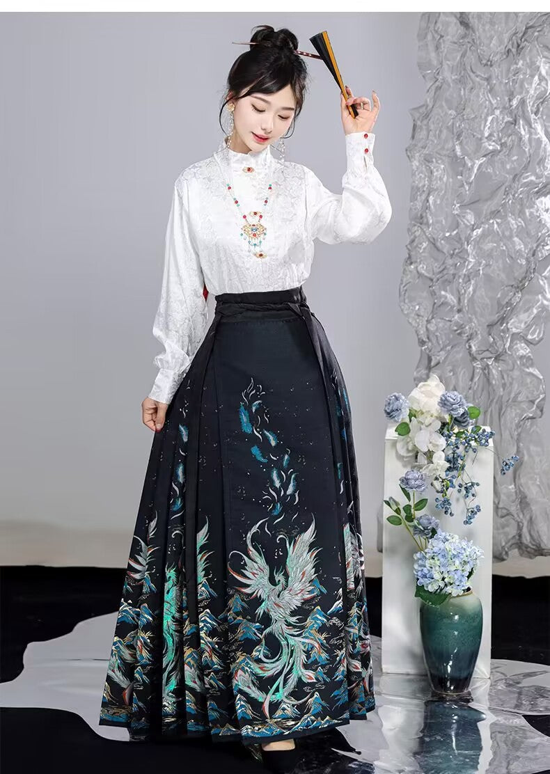 Ming Dynasty Hanfu Set — High Collar Shirt and Horse Face Skirt