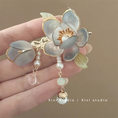 Orchid tassel headdress with side clips and new Chinese flower hairpins