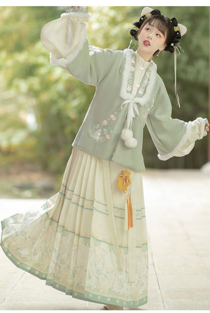 Trees of Sea Women Ming Hanfu Set: Embroidered Stand Collar Jacket & Horse Face Skirt New Year