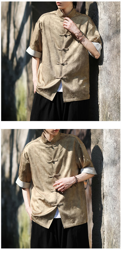 Summer Chinese Tang Suit Shirt Mens Stand Collar Short Sleeve Hanfu
