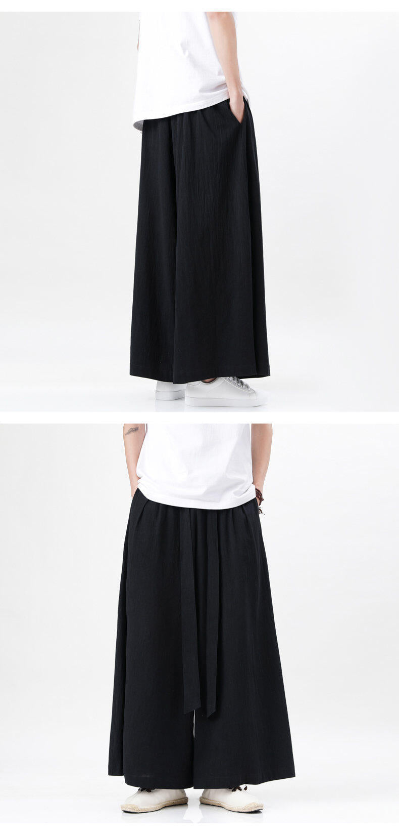 Mens Chinese Style Hanfu Linen Nine Point Retro Wide Leg Pants